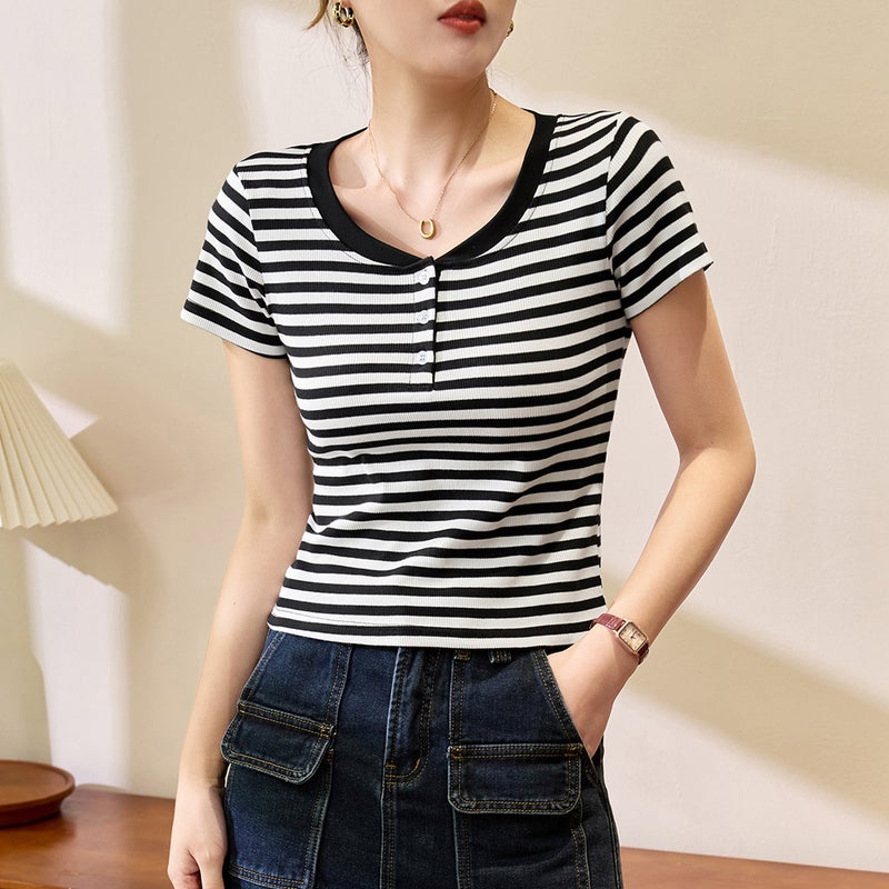 # Double Button Collar 260G Stripe# Cotton T-Shirt Women'S Short Sleeve 2025 Shoulder Top Base Shirt - Image 1