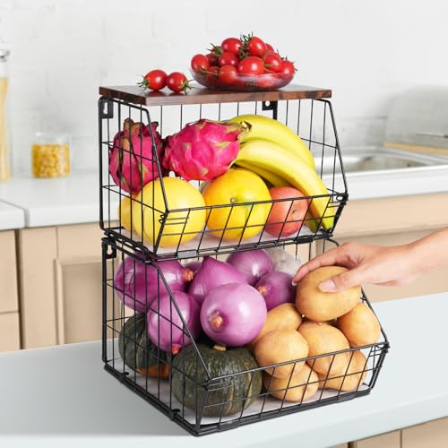 Wawocs 2 Tier Stackable Wall Mounted Hanging Basket Fruit Basket for Kitchen Counter Storage Bin with Wood Lid Onion Storage Fruit and Vegetable Storage Countertop Organizer - Image 1