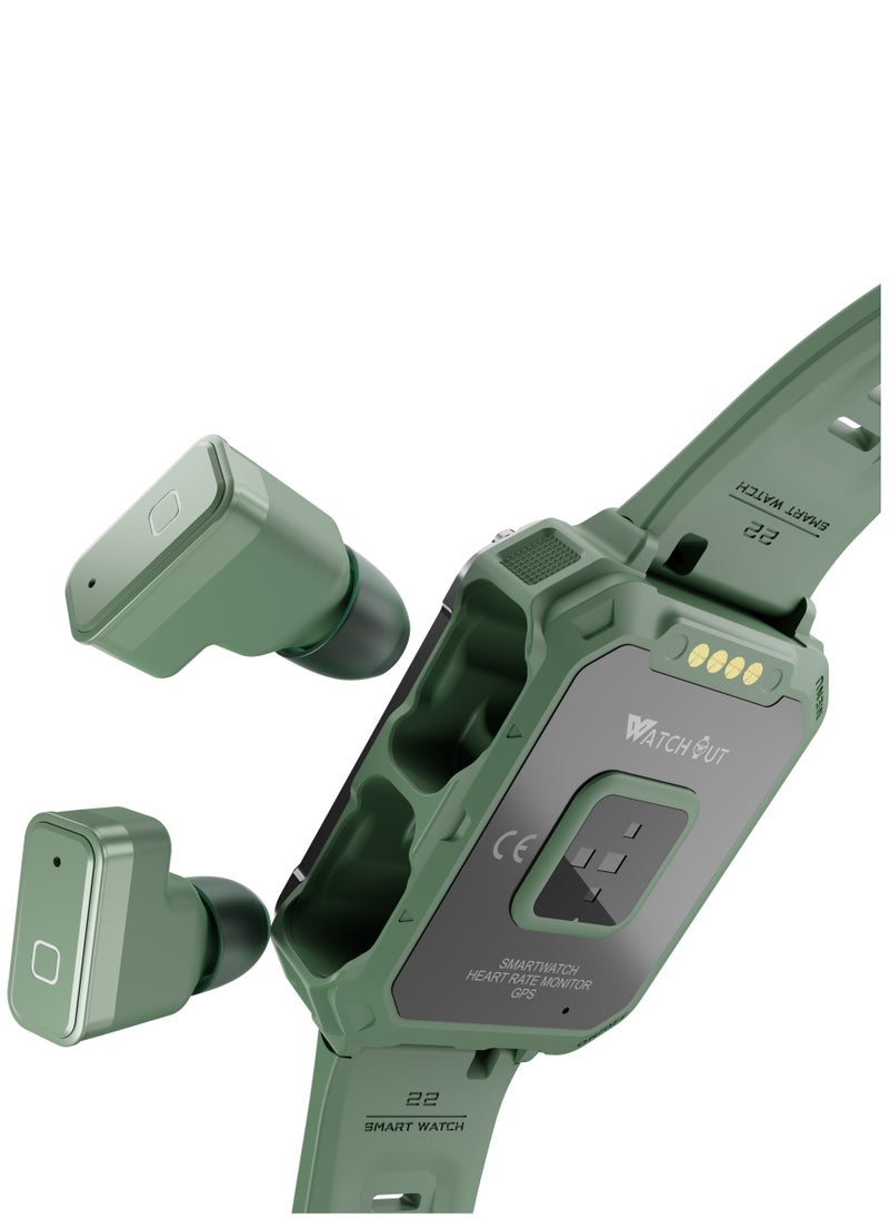 WatchOut Wearables WatchOut WearPods Teens Smartwatch with Wireless Earbuds, GPS Fitness Tracker, Music Storage, Heart Rate, Always-on HD Display, Best Headphones & Smart Watch in one Gift for GenZ (Military Green)  - Image 2