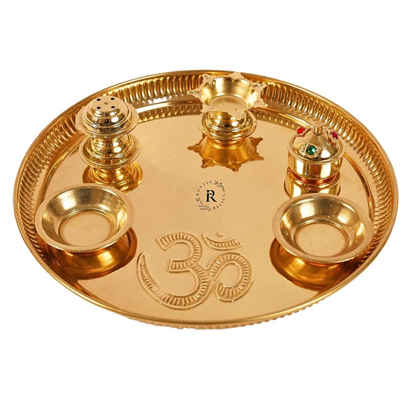 RUSTIC RELICS طبق بوجا نحاسي 9 إنش مع ديا مرفق و 2 وعاء وحامل عود بخور ووعاء كُمكُم بتشطيب ذهبي - Image 1