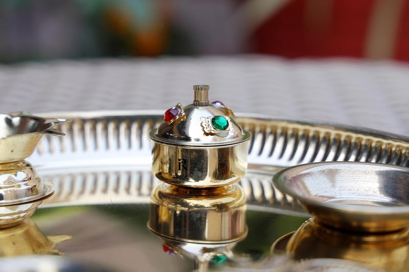 RUSTIC RELICS طبق بوجا نحاسي 9 إنش مع ديا مرفق و 2 وعاء وحامل عود بخور ووعاء كُمكُم بتشطيب ذهبي - Image 3