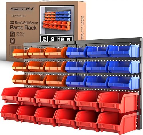 SEDY 30-Bin Wall-Mounted Storage Rack System - Heavy-Duty Garage Tool Organizer for Screws, Nuts, Bolts, Nails, Beads, and Small Hardware Parts - Easy Installation and Customizable - Image 1
