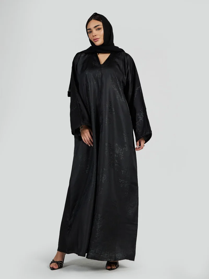Midnight Black Tonal Floral Jacquard Abaya - Elegant Daily Wear