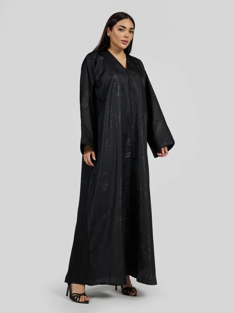 Reem Abayas  Midnight Black Tonal Floral Jacquard Abaya - Elegant Daily Wear for Women | Best Price UAE