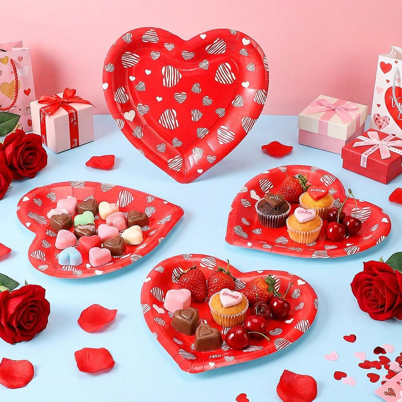 Domensi 50 Pcs Valentine's Day Paper Plates Red Love Heart Disposable Paper Plates 7 inch Love Party Tableware for Valentine Anniversary Birthday Wedding Table Supplies - Image 2