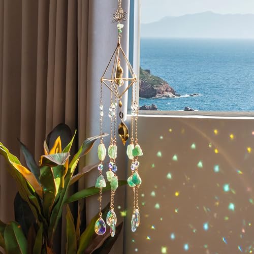 Dreamsum Green Fluorite Crystal Suncatcher, Dreamsum Window Hanging Pendant Glass Prisms Decor Wind Chime Rainbow Sun Catcher for Home Garden Porch to Lover Parents Friends - Image 1
