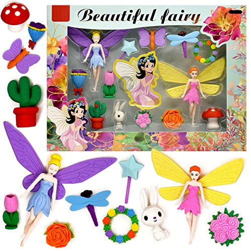 Kiditos Erasers Pack of 13 Beautiful Fairy Toy for Kids Girls Play Fancy Erasers for Kids School Stationary Kit Birthday Return Gift, Multi - Image 1