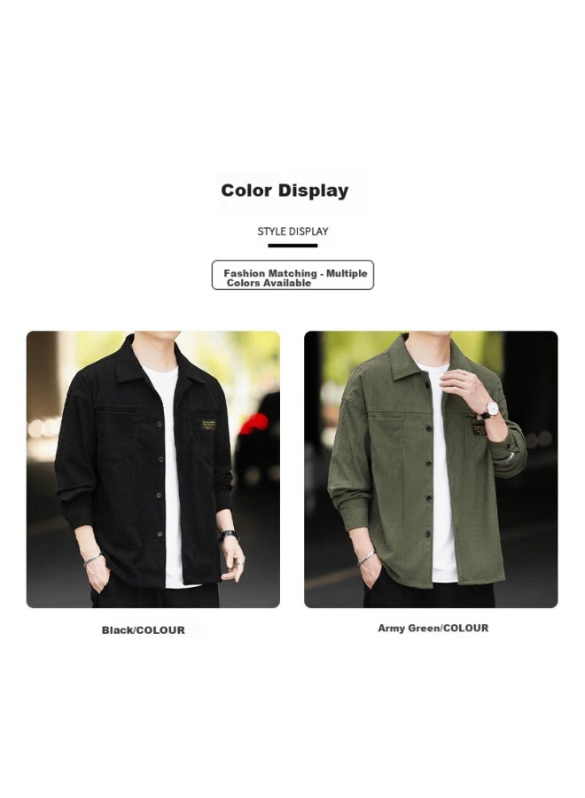 Vancamel Men's Long Sleeve Corduroy Shirt Autumn Youth Korean Style Trendy Jacket Black M - Image 3