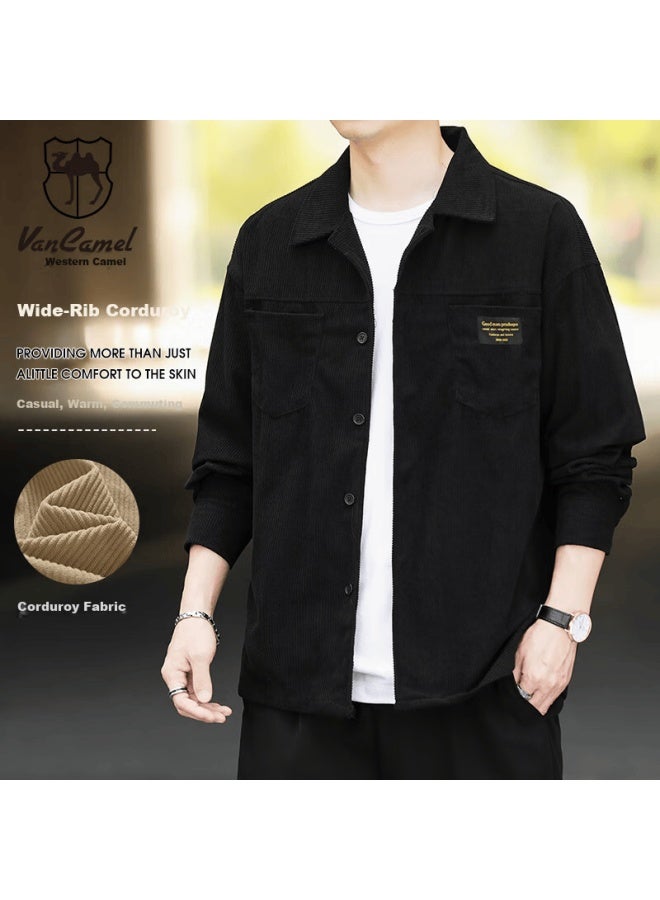 Vancamel Men's Long Sleeve Corduroy Shirt Autumn Youth Korean Style Trendy Jacket Black M - Image 1
