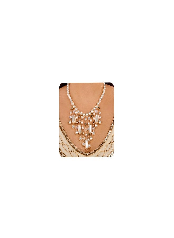 Aimimier 1920s Faux Pearl Necklace with Earrings White Stone Golden Beads Crystal Statement Collar Bib Necklace for Women (Style 3) - Image 1