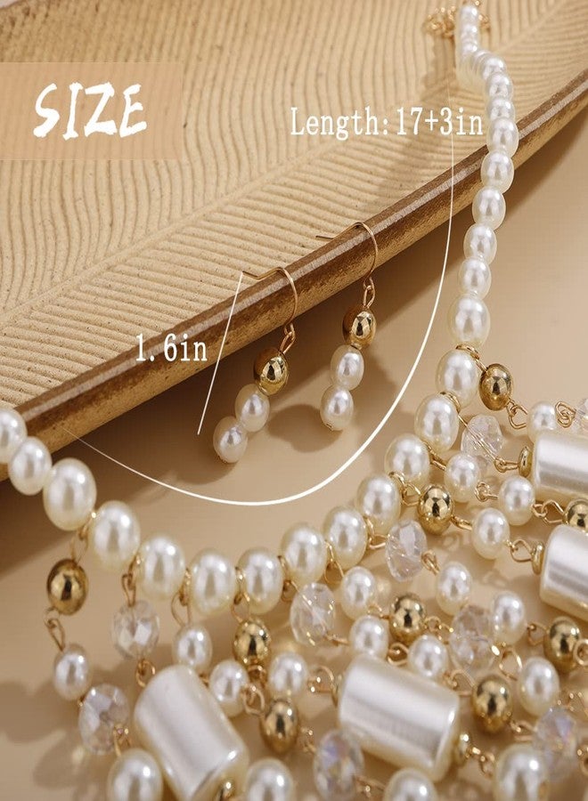 Aimimier 1920s Faux Pearl Necklace with Earrings White Stone Golden Beads Crystal Statement Collar Bib Necklace for Women (Style 3) - Image 3