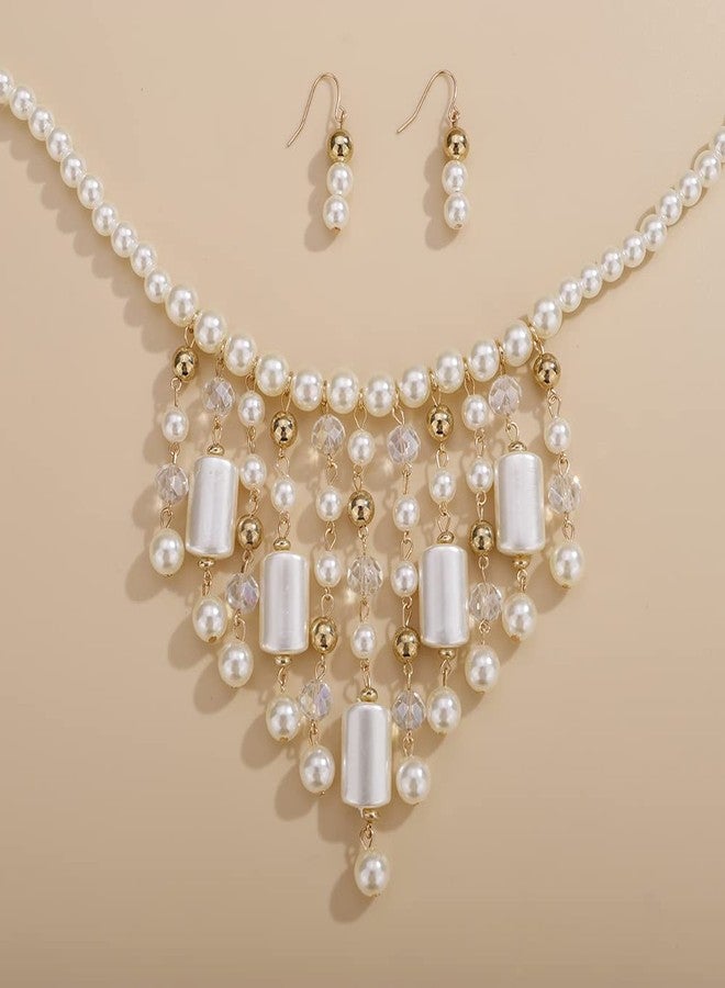 Aimimier 1920s Faux Pearl Necklace with Earrings White Stone Golden Beads Crystal Statement Collar Bib Necklace for Women (Style 3) - Image 4