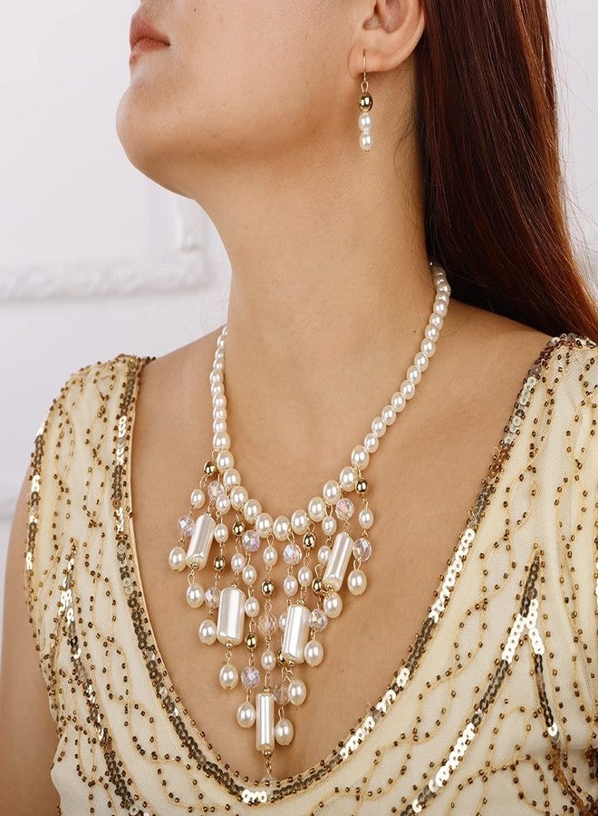 Aimimier 1920s Faux Pearl Necklace with Earrings White Stone Golden Beads Crystal Statement Collar Bib Necklace for Women (Style 3) - Image 2