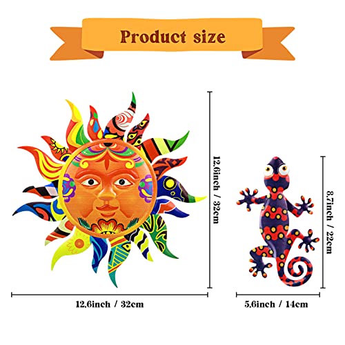 Hotop 7 Pcs Metal Sun and Gecko Wall Art Set 126 Talavera Face Sculpture with 6 Colorful Lizards Weatherproof Metal Fence Decor for Garden Outdoor Porch Patio Indoor Home Decor - Image 3