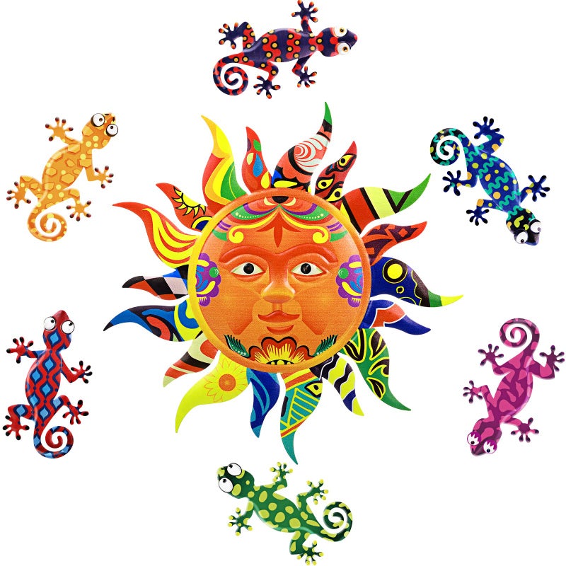 Hotop 7 Pcs Metal Sun and Gecko Wall Art Set 126 Talavera Face Sculpture with 6 Colorful Lizards Weatherproof Metal Fence Decor for Garden Outdoor Porch Patio Indoor Home Decor - Image 2