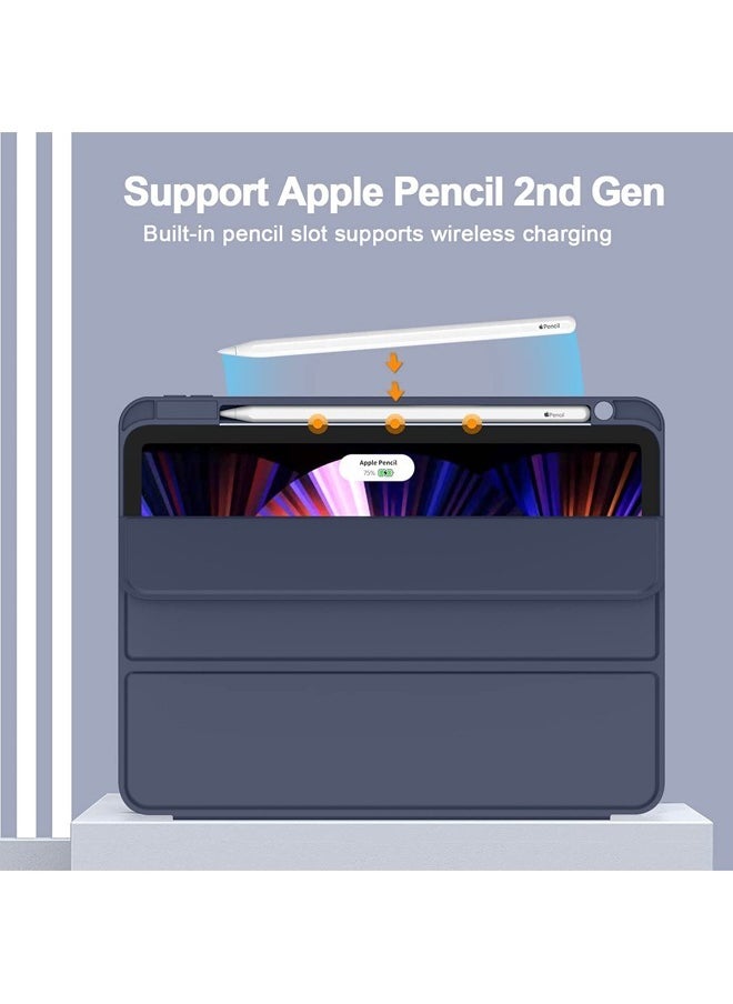 New iPad Pro 12.9 Inch Case 2022/2021/2020 6th/5th/4th Gen with Pencil Holder Smart iPad Case Support Touch ID and Auto Wake/Sleep with Auto 2nd Gen Pencil Charging Dark Blue