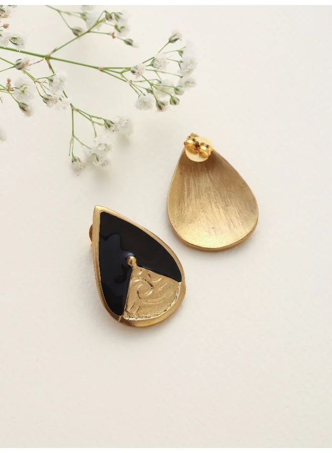 trueBrowns trueBrowns Brass Black Stone Drop Stud Earrings