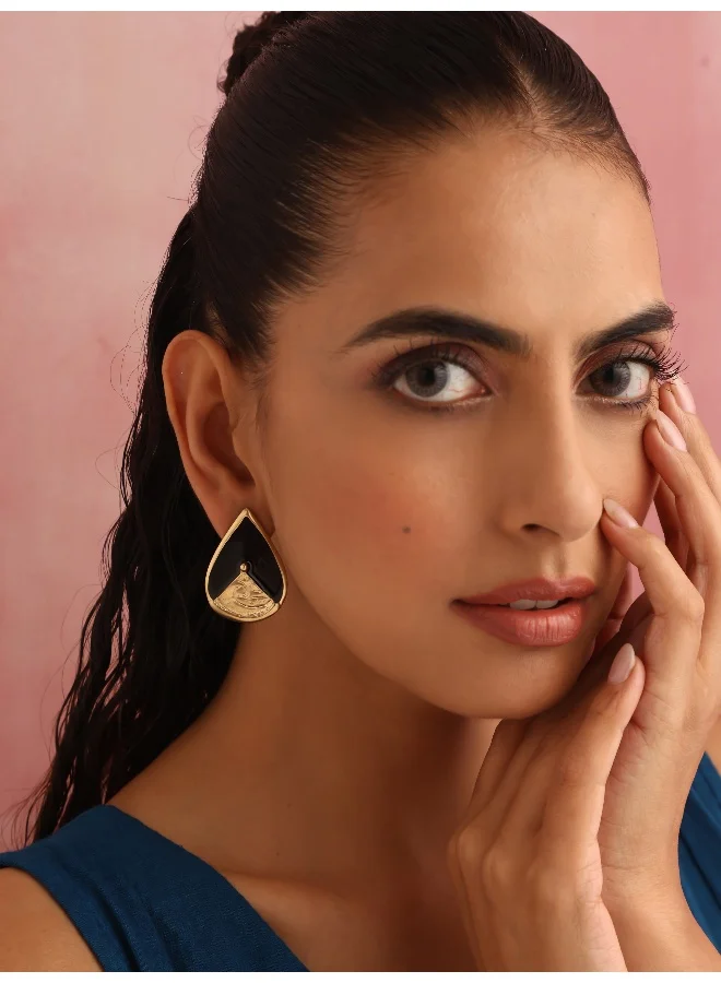 trueBrowns trueBrowns Brass Black Stone Drop Stud Earrings