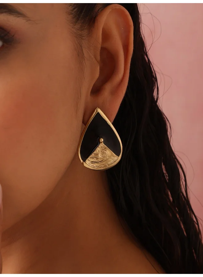 trueBrowns trueBrowns Brass Black Stone Drop Stud Earrings