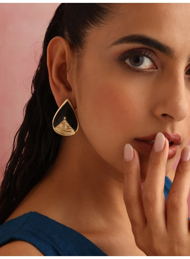 trueBrowns trueBrowns Brass Black Stone Drop Stud Earrings
