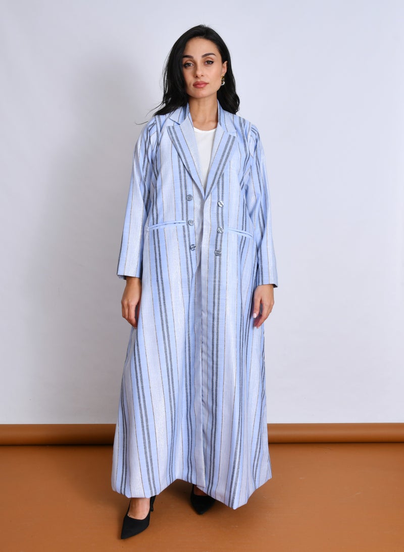 عبايات حوراء بليزر مبطن بتصميم عصري من قماش لينن مقلم أنيق مزين بأزرار مع جيوب أمامية - Image 3