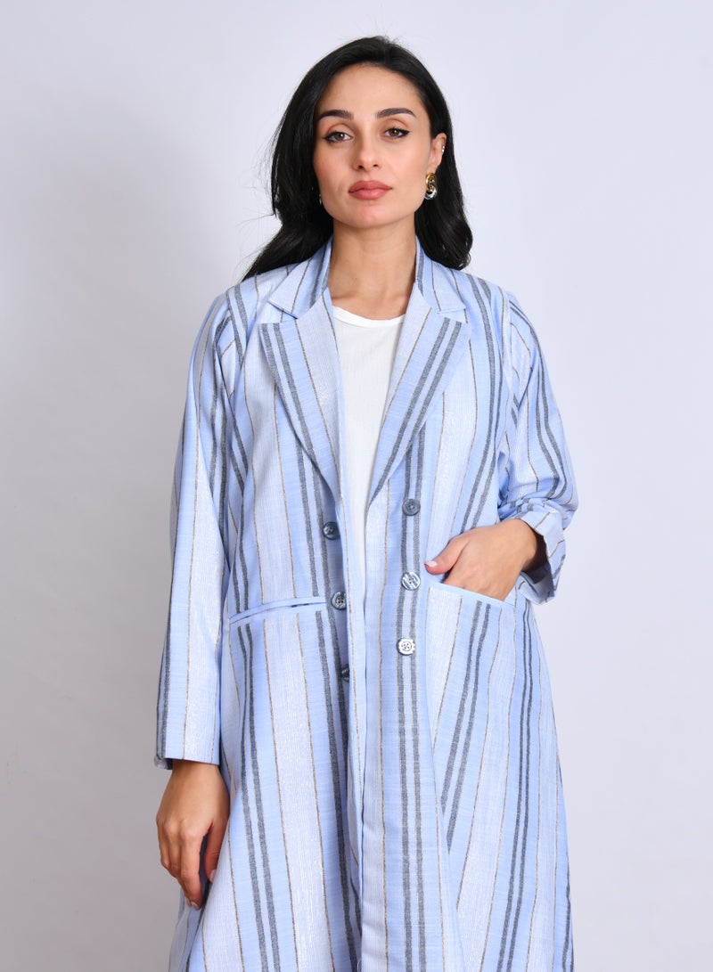 عبايات حوراء بليزر مبطن بتصميم عصري من قماش لينن مقلم أنيق مزين بأزرار مع جيوب أمامية - Image 1