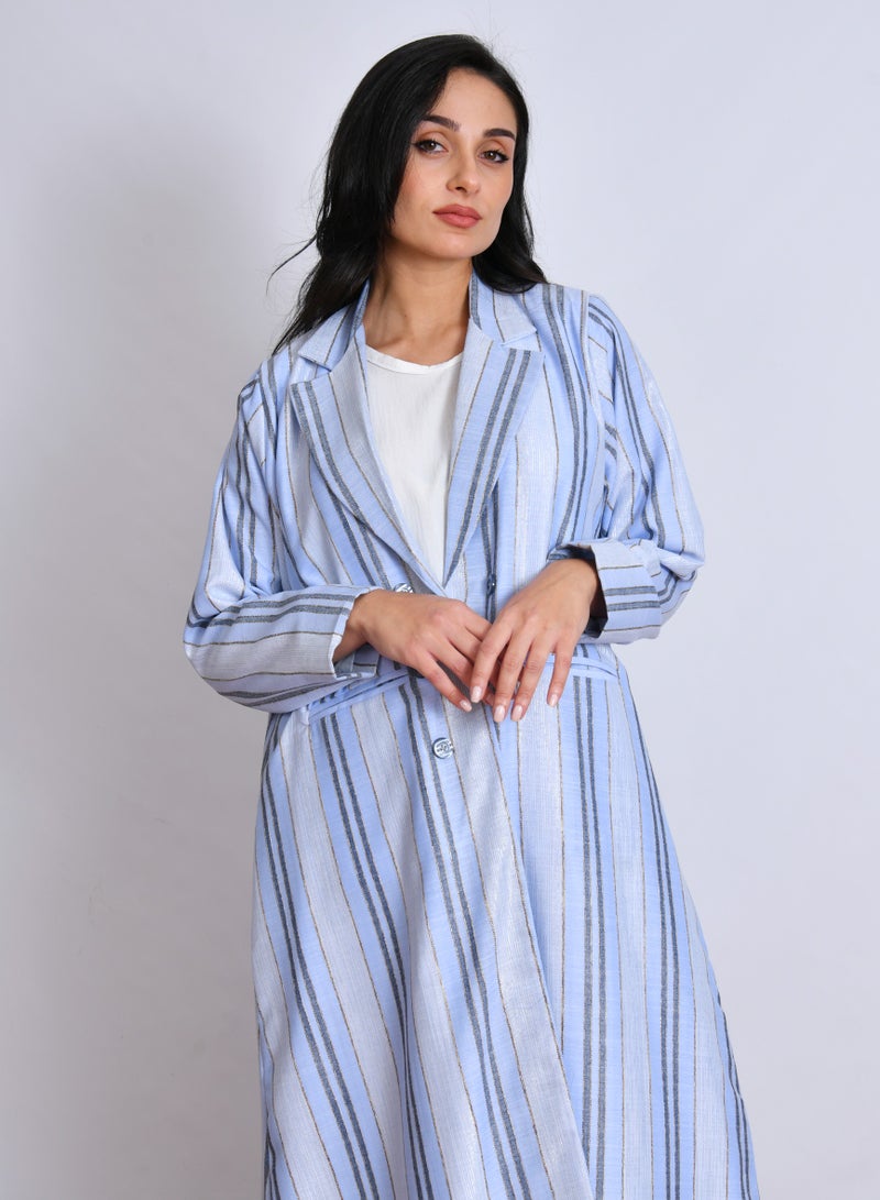 عبايات حوراء بليزر مبطن بتصميم عصري من قماش لينن مقلم أنيق مزين بأزرار مع جيوب أمامية - Image 4