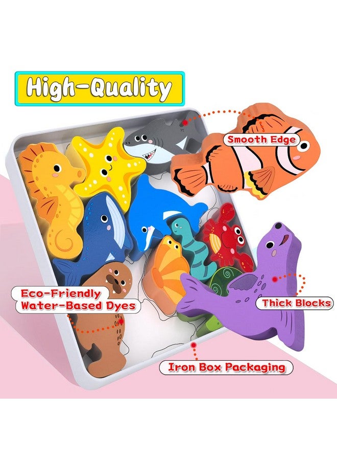 KECIABO Wooden Animal Puzzles Toys for Toddlers,12 Pcs Sea Animals Figures,Animal Matching Sorting Stacking Toy for Boys Child Girls,Educational Learning Toys Gift for Kids - Image 3