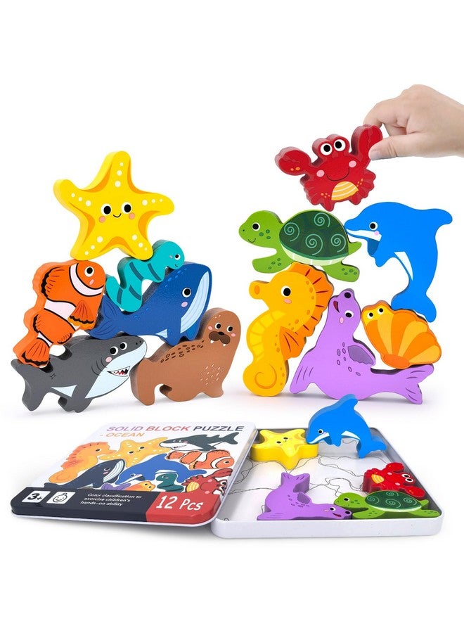 KECIABO Wooden Animal Puzzles Toys for Toddlers,12 Pcs Sea Animals Figures,Animal Matching Sorting Stacking Toy for Boys Child Girls,Educational Learning Toys Gift for Kids - Image 1