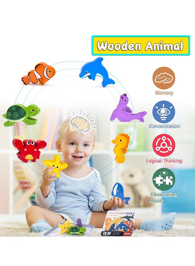 KECIABO Wooden Animal Puzzles Toys for Toddlers,12 Pcs Sea Animals Figures,Animal Matching Sorting Stacking Toy for Boys Child Girls,Educational Learning Toys Gift for Kids - Image 2