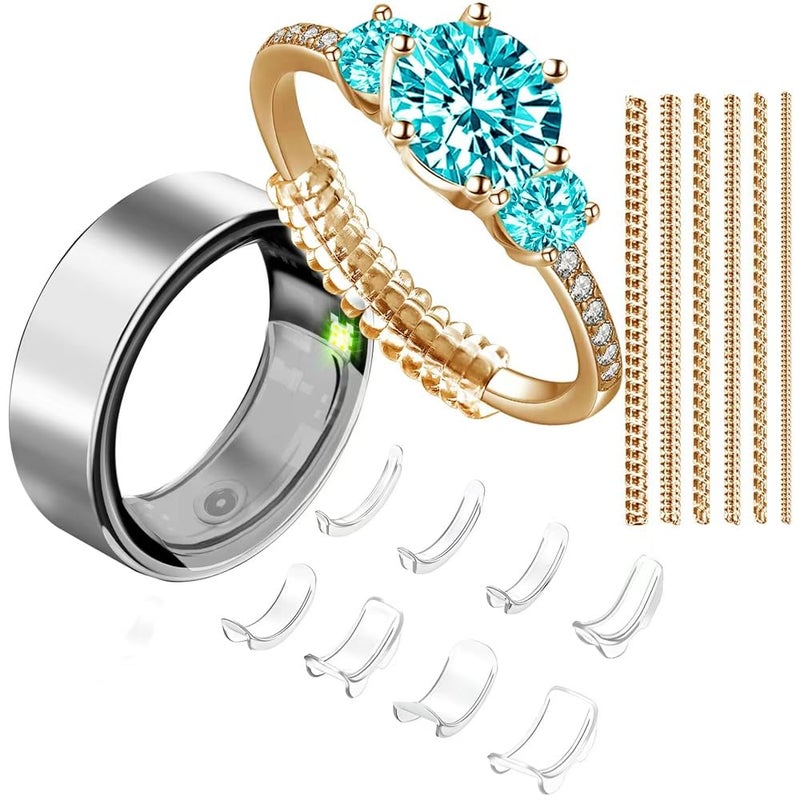 Kueroami Ring Size Adjuster for Women Men with Loose Rings, 14-Pc 2-in-1 Tightener Kit with Gold Spiral Sizer & Clear Guard for Too Big Engagement Wedding Band, Inserts Reducers to Make Smaller 0.5-1.5 - Image 1