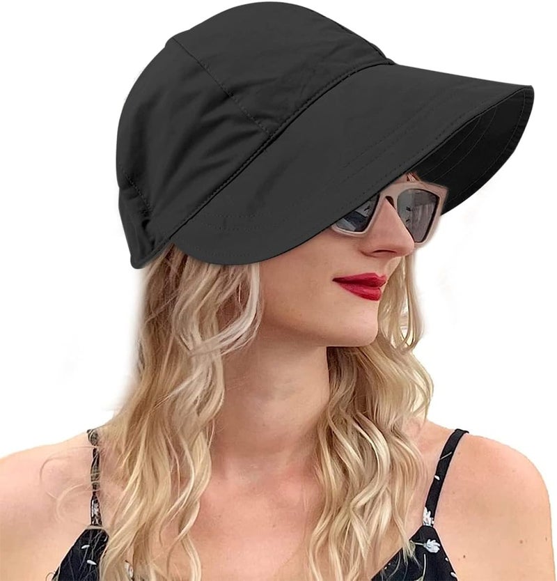Hannea ® Sun Hat for Women, Girls Stylish 2 in 1 Wide Brim Hat Sun UV Protection Hats for Girls, Women with Detachable Top Round Cap for Beach Baseball Cap for Women Sport Cap for Girls, Women - Black - Image 1