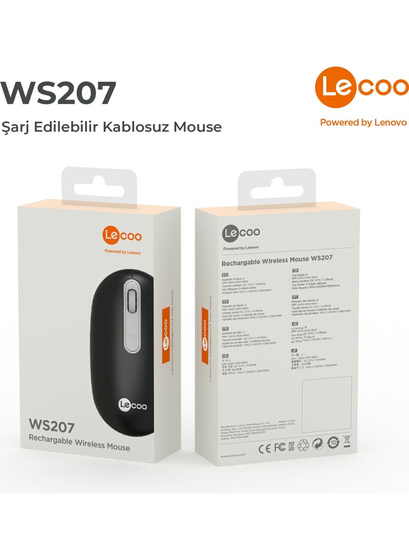 lecoo - Lenovo WS207 Rechargeable Wireless 1600DPI 4-Button Silent Compact Optical Mouse Black - Image 1
