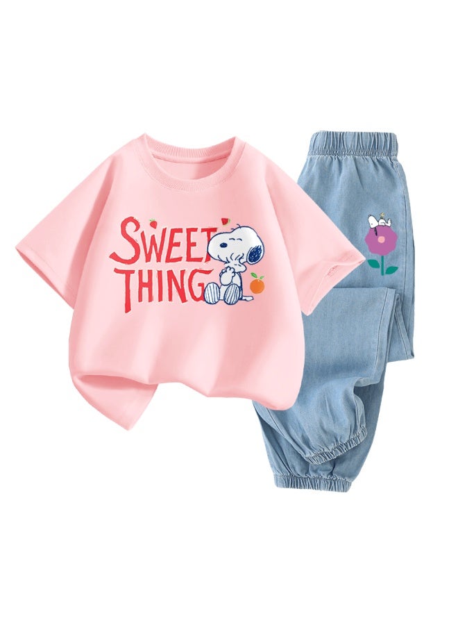 Snoopy Girls' Short-sleeve Set, Children's Short-sleeve T-shirt And Jeans 2-piece Set, Pink Sweet + Light Blue Flower, Size 150 - Image 1