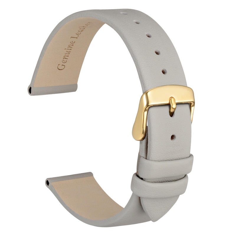 WOCCI 14mm Lug Width, Elegant Watch Band, Genuine Leather Replacement Strap with Gold Buckle (Gray) - Image 1