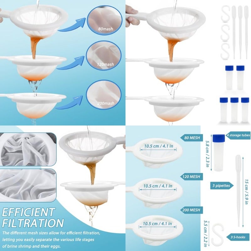 Generic Baby Brine Shrimp Net Sieve 80 120 200 Mesh kit with 3 Hooks 3 ...