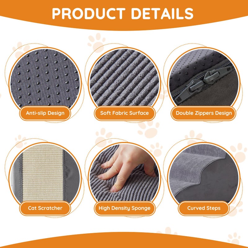 Ahpmeoa Pet Stairs, Dog Stairs for Small Dogs, Dogs Steps, 5-Step Curved Dog Ramp for Bed, Couch, Sofa, Car and Chairs, Non-Slip Bottom Design, Cat Scratching Board, High Density Foam Portable Pet Step, Grey - Image 3