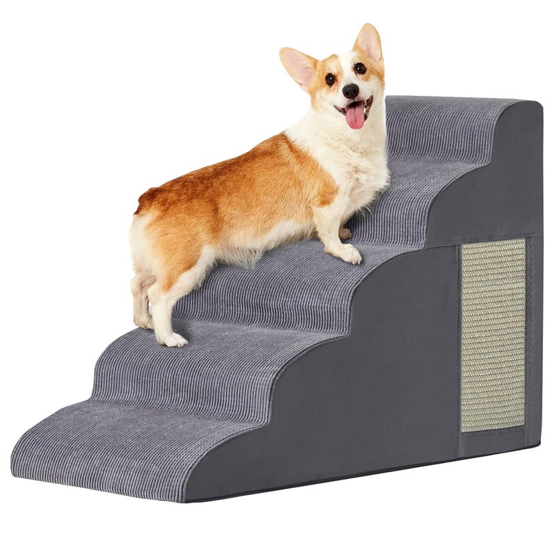 Ahpmeoa Pet Stairs, Dog Stairs for Small Dogs, Dogs Steps, 5-Step Curved Dog Ramp for Bed, Couch, Sofa, Car and Chairs, Non-Slip Bottom Design, Cat Scratching Board, High Density Foam Portable Pet Step, Grey - Image 1
