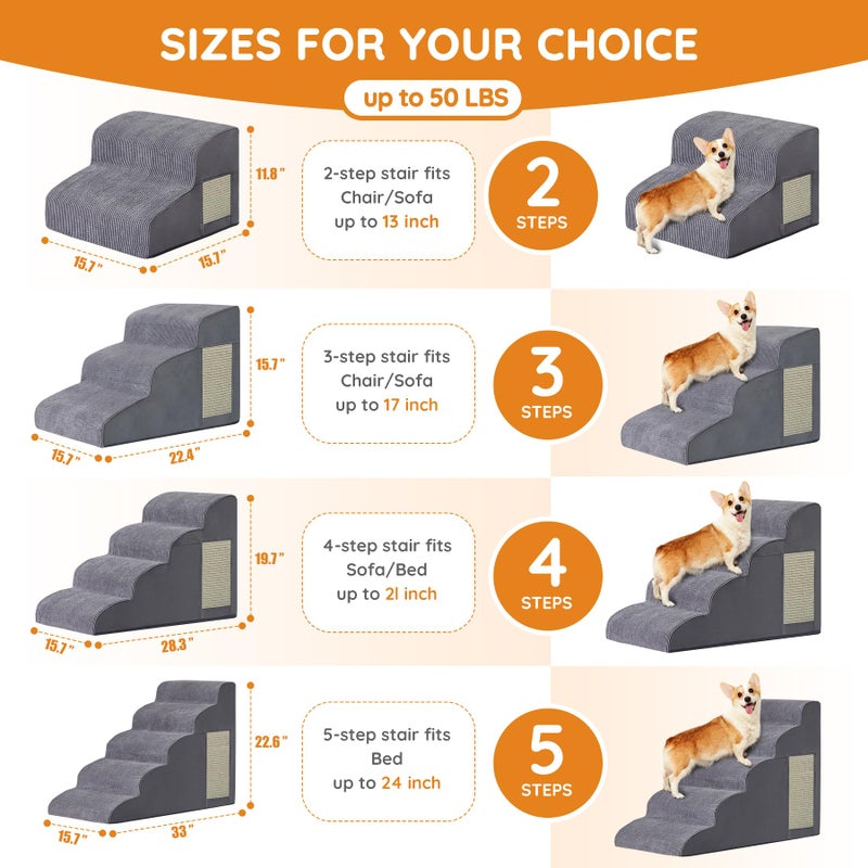 Ahpmeoa Pet Stairs, Dog Stairs for Small Dogs, Dogs Steps, 5-Step Curved Dog Ramp for Bed, Couch, Sofa, Car and Chairs, Non-Slip Bottom Design, Cat Scratching Board, High Density Foam Portable Pet Step, Grey - Image 2