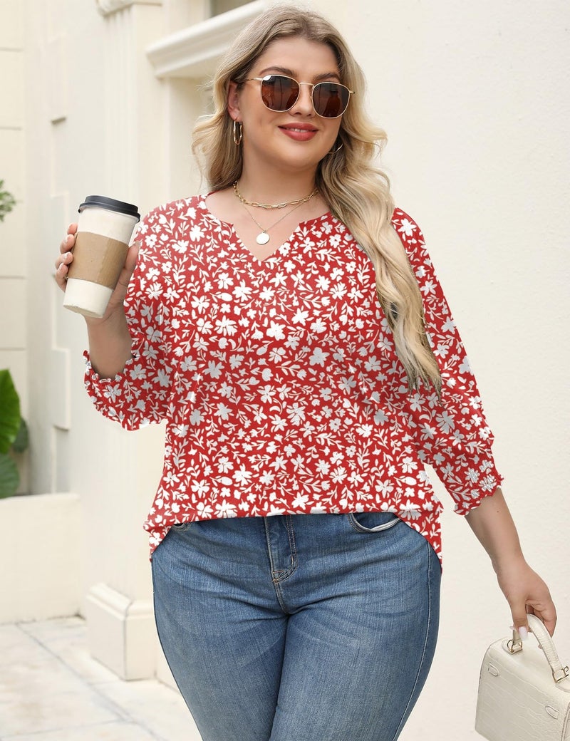 Rapbin Women's Plus Size Fashion 2025 Trendy Womens 3/4 Sleeve Tops and Blouses Pleated Sleeve Dressy Casual Tops (Red Floral 2XL) - Image 3