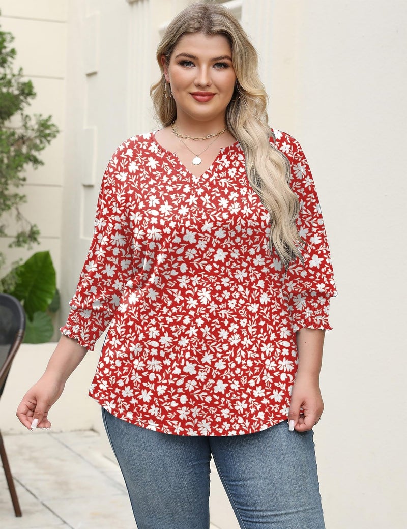 Rapbin Women's Plus Size Fashion 2025 Trendy Womens 3/4 Sleeve Tops and Blouses Pleated Sleeve Dressy Casual Tops (Red Floral 2XL) - Image 2