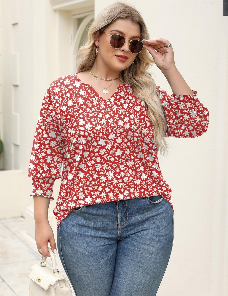 Rapbin Women's Plus Size Fashion 2025 Trendy Womens 3/4 Sleeve Tops and Blouses Pleated Sleeve Dressy Casual Tops (Red Floral 2XL) - Image 5