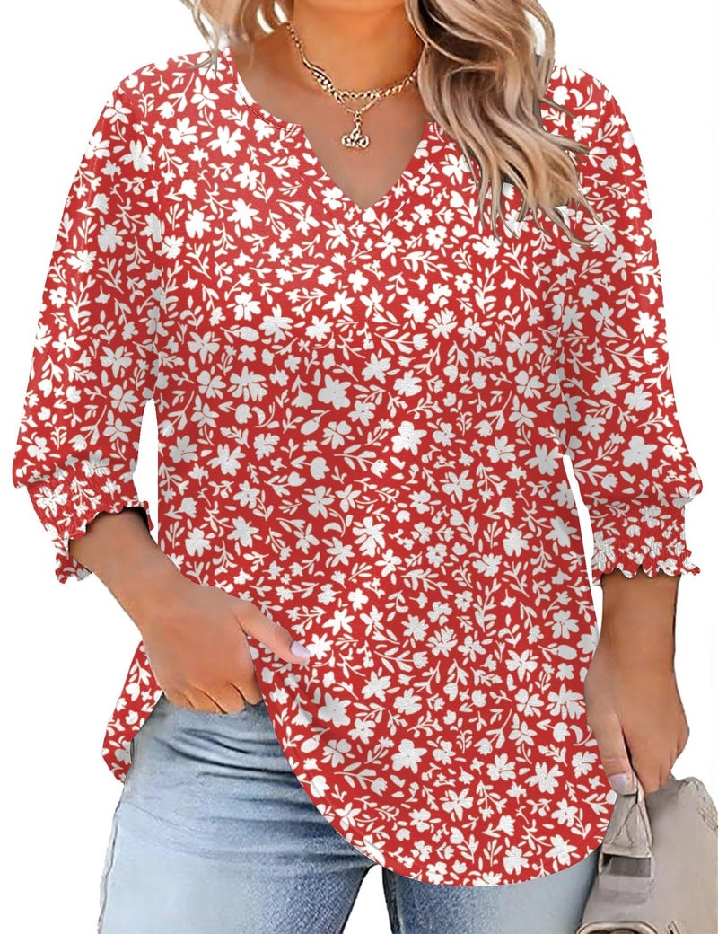 Rapbin Women's Plus Size Fashion 2025 Trendy Womens 3/4 Sleeve Tops and Blouses Pleated Sleeve Dressy Casual Tops (Red Floral 2XL) - Image 1