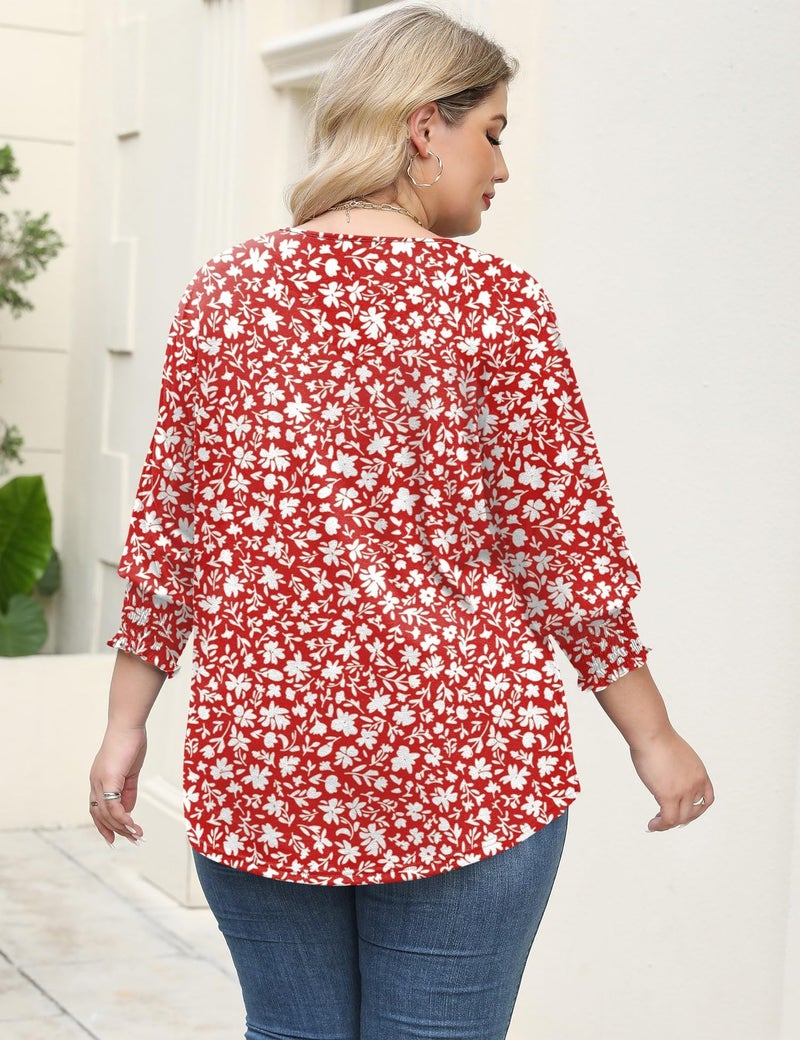 Rapbin Women's Plus Size Fashion 2025 Trendy Womens 3/4 Sleeve Tops and Blouses Pleated Sleeve Dressy Casual Tops (Red Floral 2XL) - Image 4