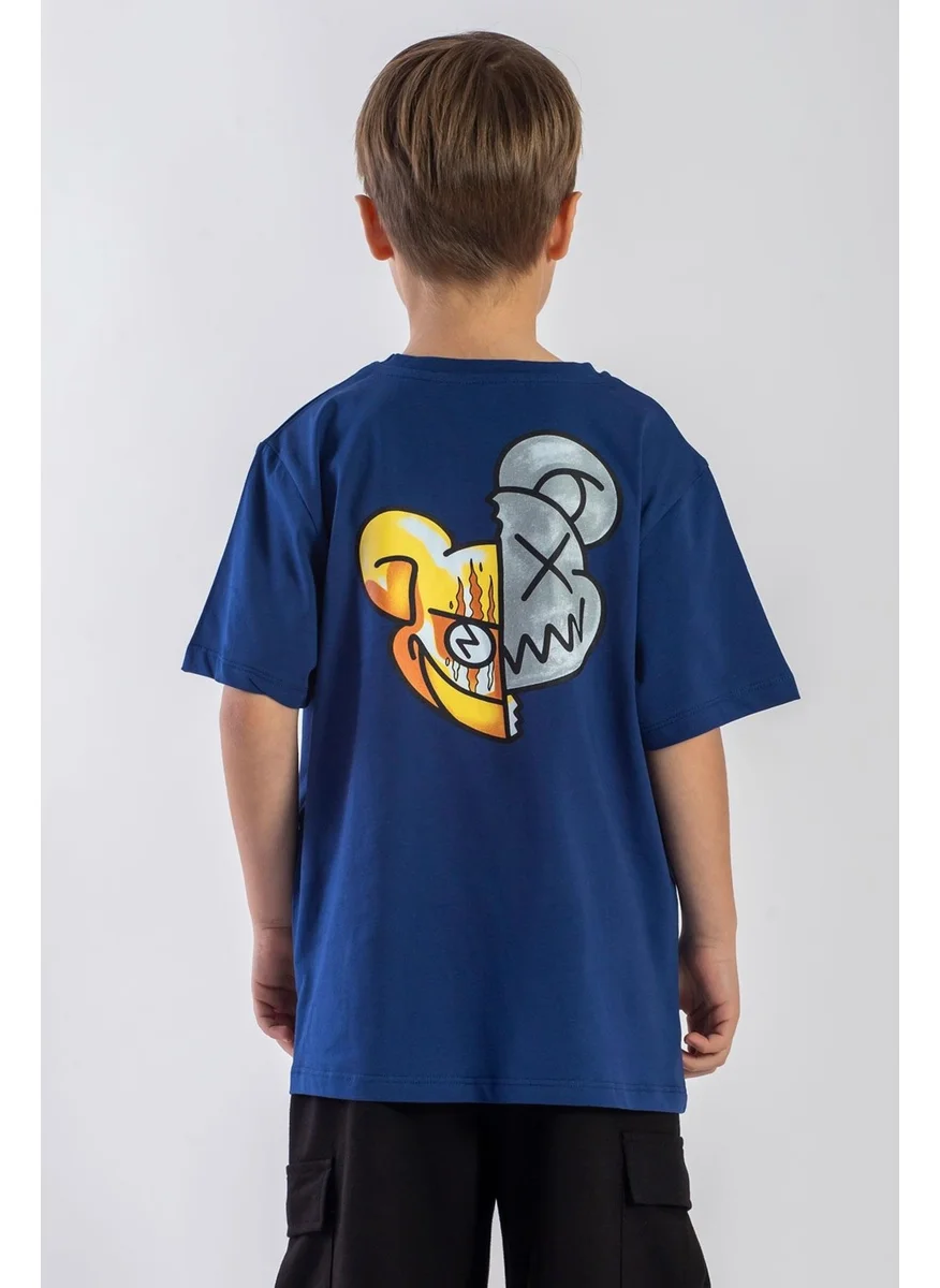 Zepkids Crew Neck Short Sleeve Monster Printed Indigo Color Boy T-shirt