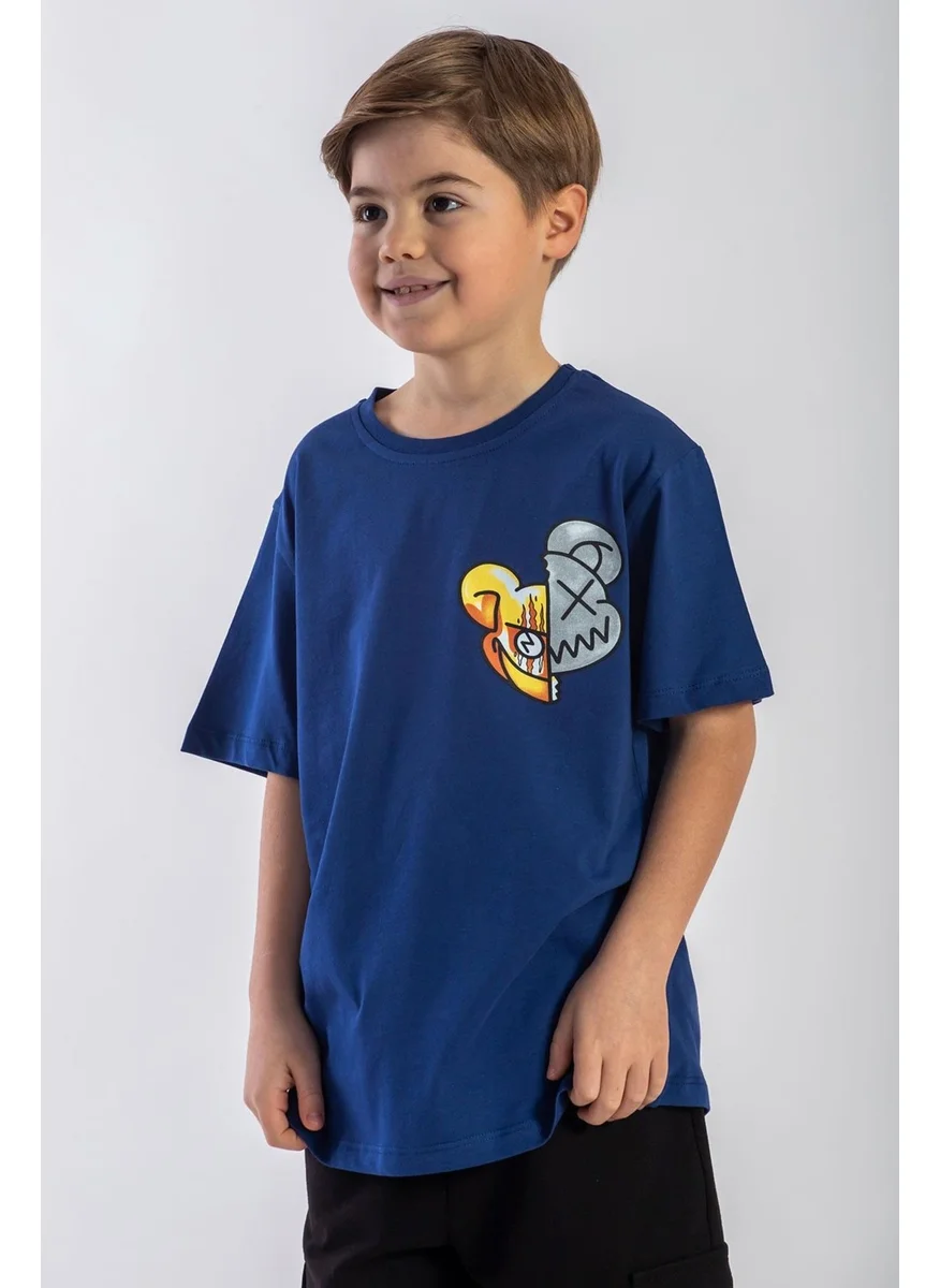Zepkids Crew Neck Short Sleeve Monster Printed Indigo Color Boy T-shirt