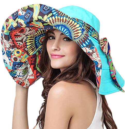 COZYEXPR Womens Beach Hat Floppy Reversible Big Sun Hat Wide Brim Fedora SPF Hat UPF 50+ Light Blue - Image 1