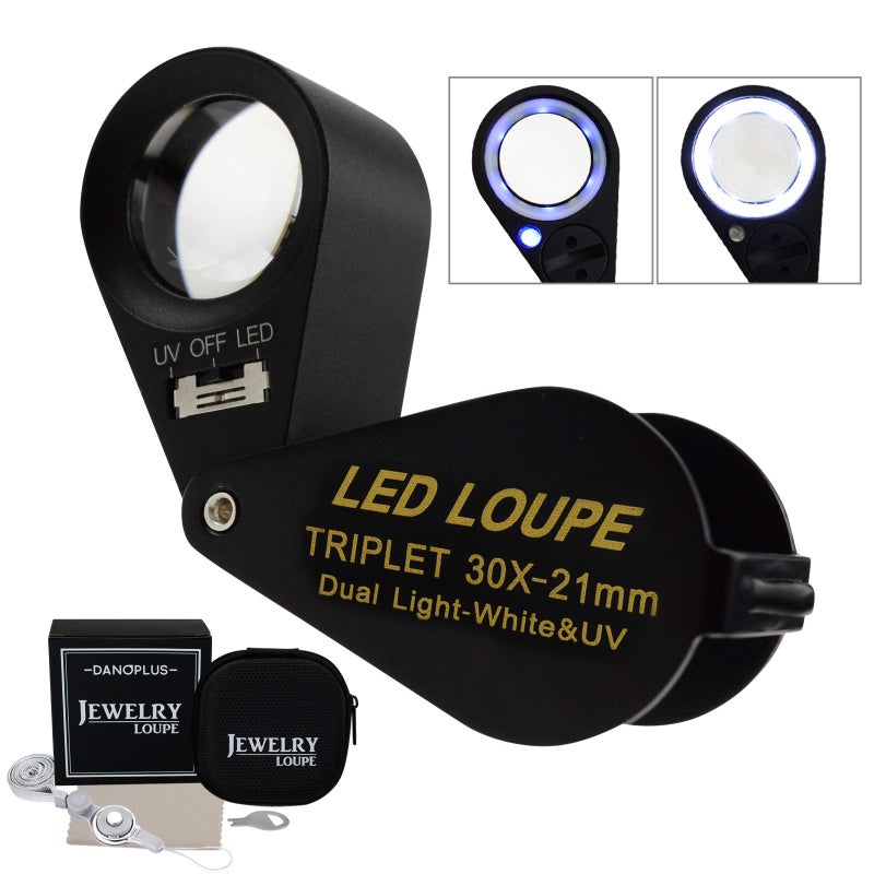 DANOPLUS 30x Magnifier Jewelry Loupe LED UV 21mm Achromatic Triplet Lens Optical Glass Pocket Gem Magnifying Tool Jeweler, Stamp Philatelist, Coin Numismatic - Image 1
