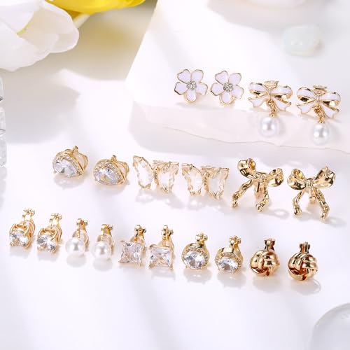Drperfect Clip on Earrings Women Gold Dangle Pearl Bow Flower Butterfly Cubic Zirconia Non Pierced Earrings Clip on Stud No Piercing Earrings Clip - Image 2