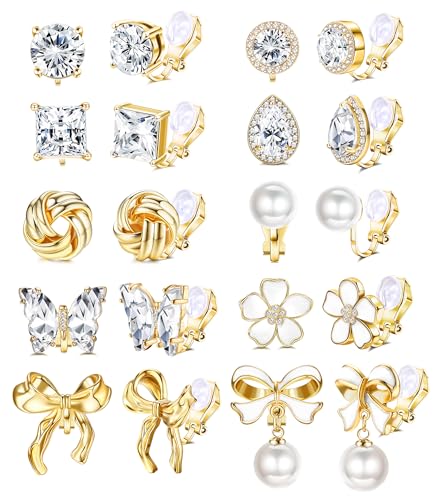 Drperfect Clip on Earrings Women Gold Dangle Pearl Bow Flower Butterfly Cubic Zirconia Non Pierced Earrings Clip on Stud No Piercing Earrings Clip - Image 1